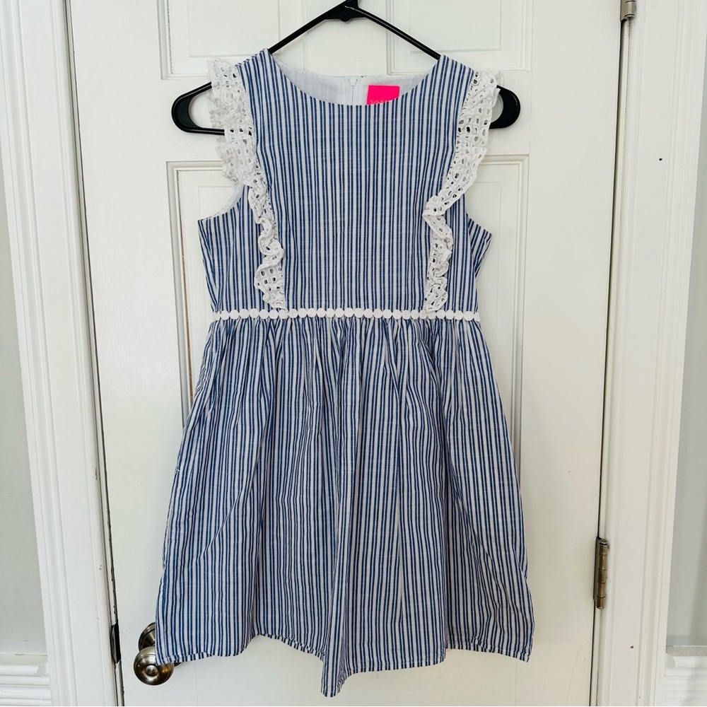 Lilly Pulitzer Girls Madelina Dress in Blue Thistle Cotton Dobby Stripe w Lace